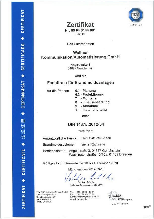 TÜV Zertifikat Brandmeldeanlagen