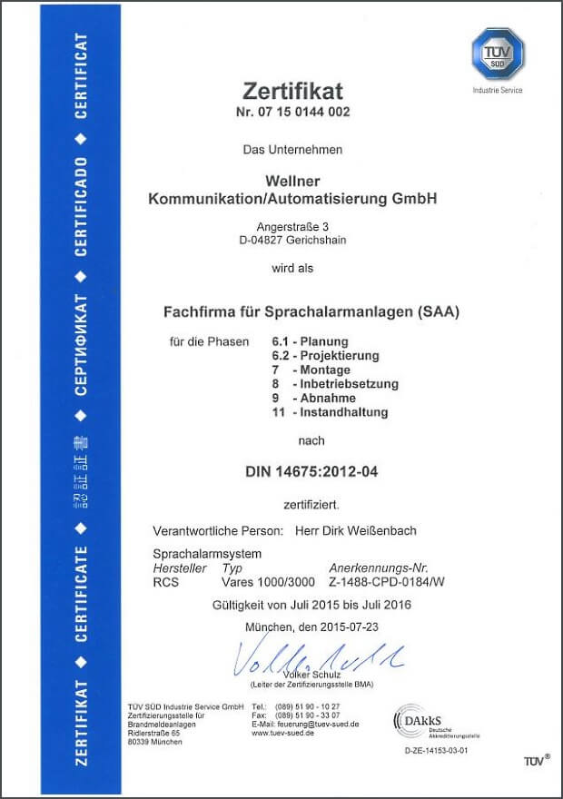 TÜV Zertifikat SAA Sprachalarmierungsanlagen