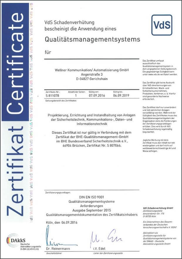 VdS QM Zertifikat ISO 9001